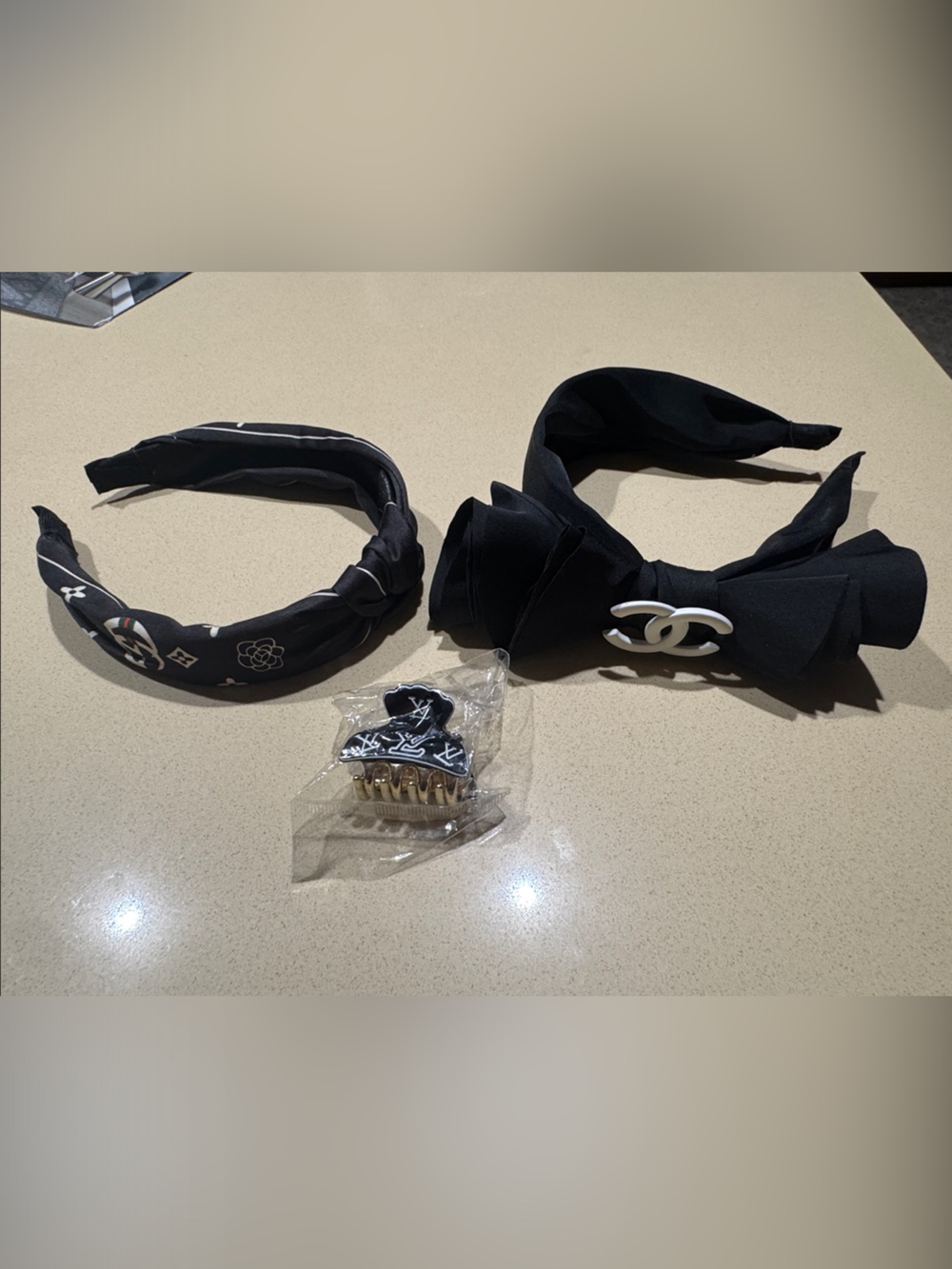 Luxury Black Bow Headband with White Logo Accent - Women Accessories